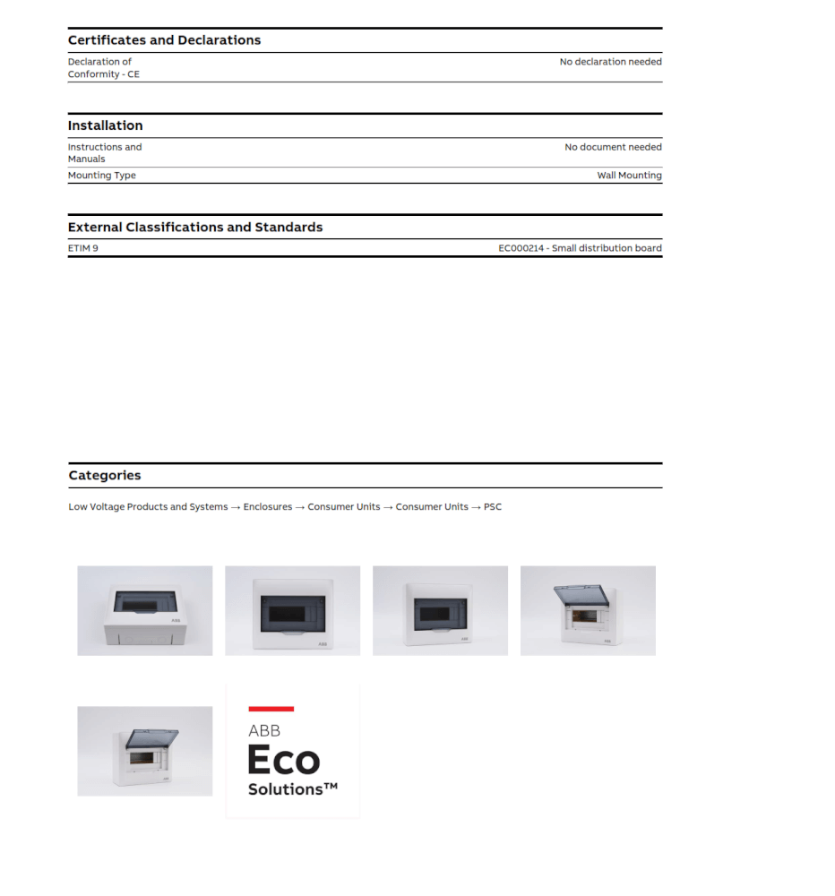 ตู้คอนซูมเมอร์ใส่เบรกเกอร์ 8 ช่อง ABB PSC108 Consumer Unit IEC IP40 Plastic Box & Cover